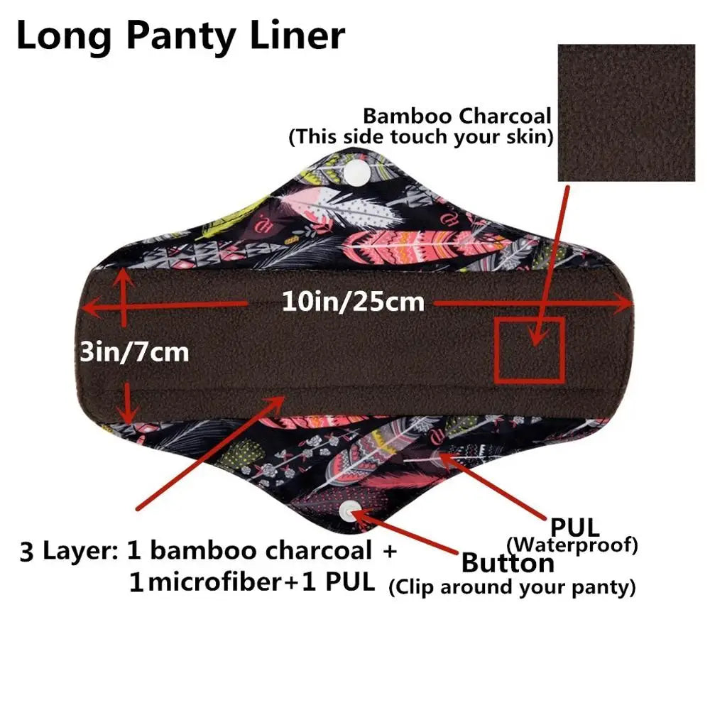 【Sigzagor】5+1 Set Long Panty Liners Cloth Menstrual Pads  RANDOM Prints Bamboo Charcoal Sanitary Washable Reusable Light Flow