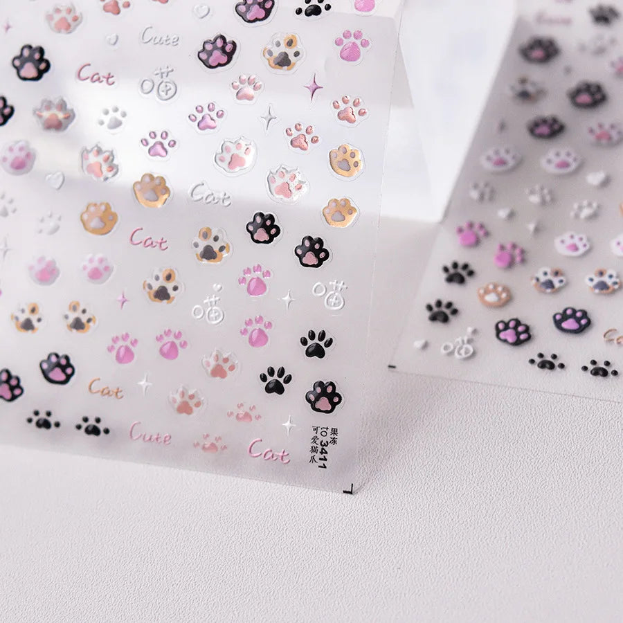 1pcs Cute Small Cat Claw Cherry Nail Art Charms Stickers Shiny 5D Jelly Cherry Pudding Bows Design Adhesive Sliders Nail Decals