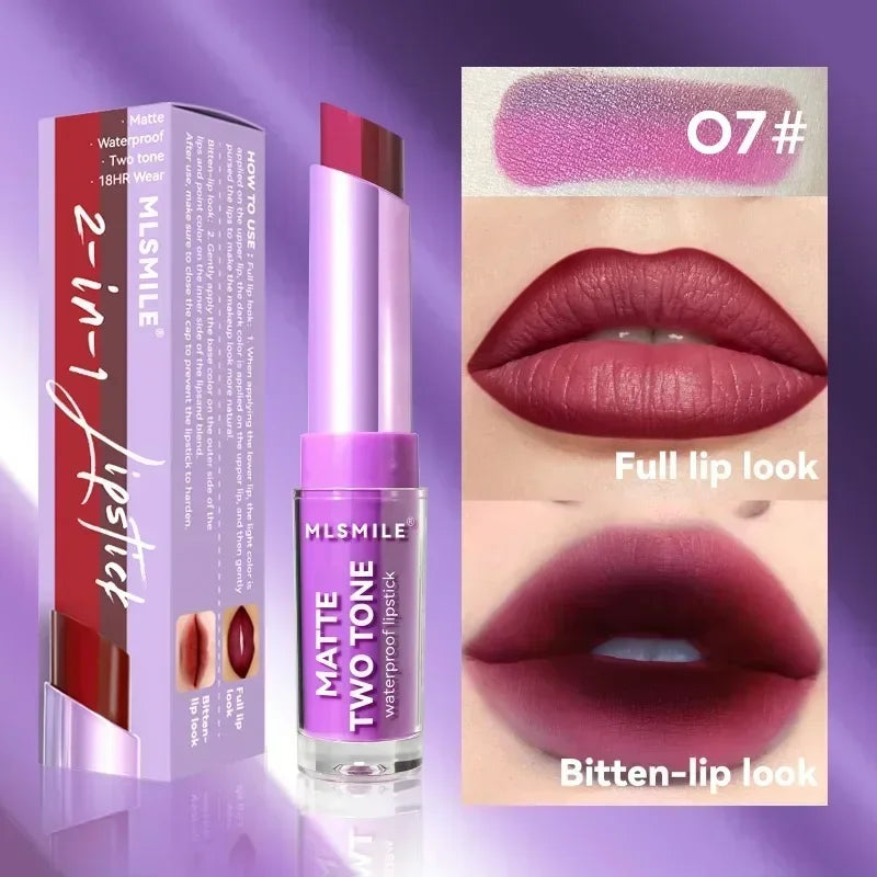 2 in 1 Matte Two Tone Waterproof Lipstick Long-lasting High-Pigment Color Lipliner Lipsticks Bitten-lip Gradual Change Lip Color