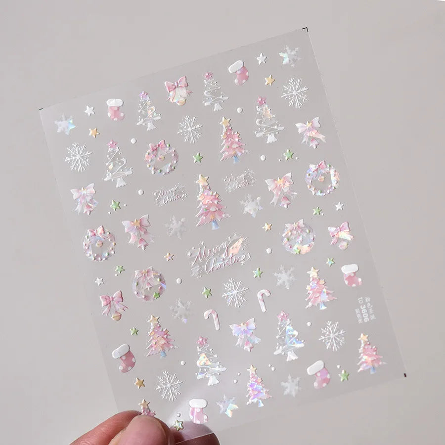 Gold Snowflake Bowknot Snowman Lovely Christmas 3D Self Adhesive Nail Art Sticker Rhinestone 5D Embossed Reliefs Manicure Decals