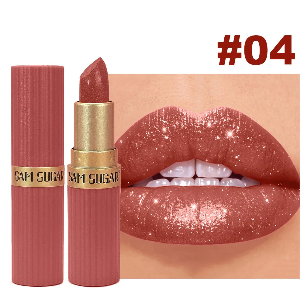 Diamond Chocolate Red Lipstick Pearlescent Glitter Velvet Lipstick Waterproof Shiny Metallic Matte Lip Gloss Non-fade Makeup