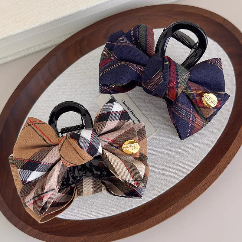 Classic British-Style Fabric Hair Clip with Vintage Plaid Bow Luxury Shark Clip Hair Accessory for Updos