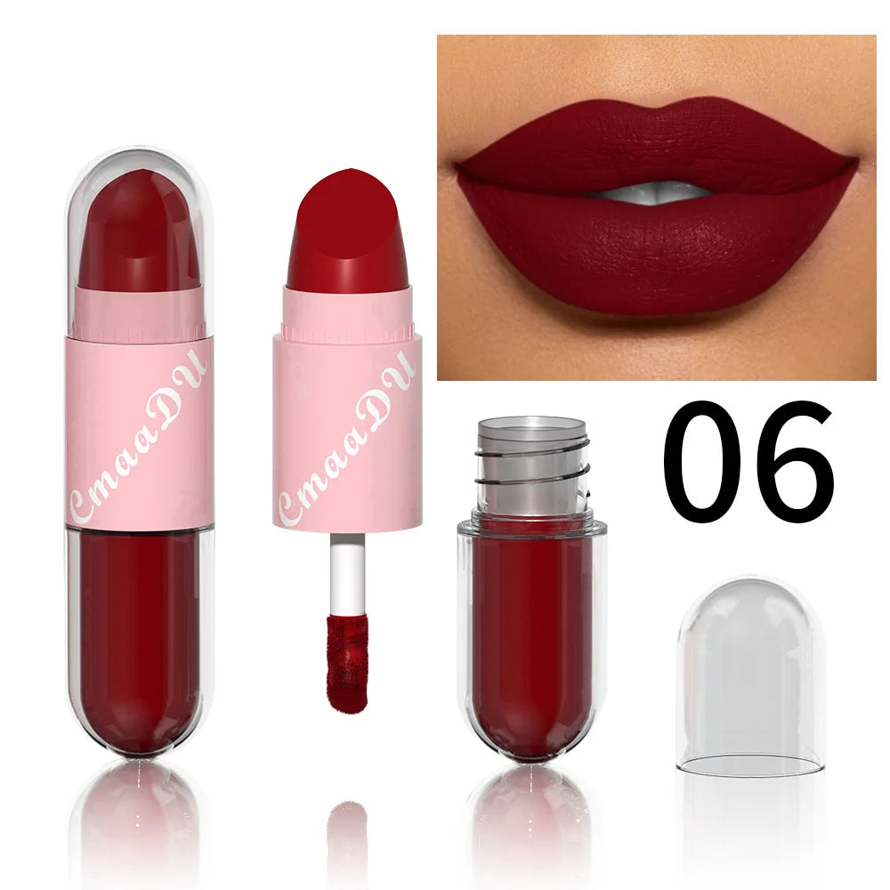 Lipstick Lip Gloss 2-in-1 Matte Lip Color Velvet Lip Glaze Waterproof Long Lasting Non-marking Natural Lip Tint Blam Cosmetic