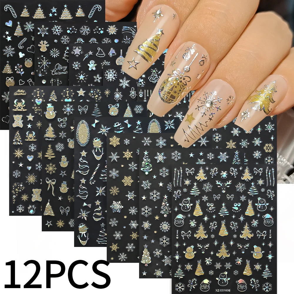 12sheets Laser Sliver Snowflakes/snowballs 3D Christmas Nail Art Decals Dreame Laser Santa Claus Snowman Nail Stickers Charms﻿