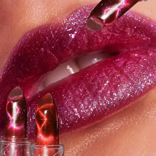 2pcs Moisturizing Cat Eye Lipstick Mirror Glitter Metallic Lipstick Diamond Pink Pearl Sparkling Lip Gloss Color Changing Lips