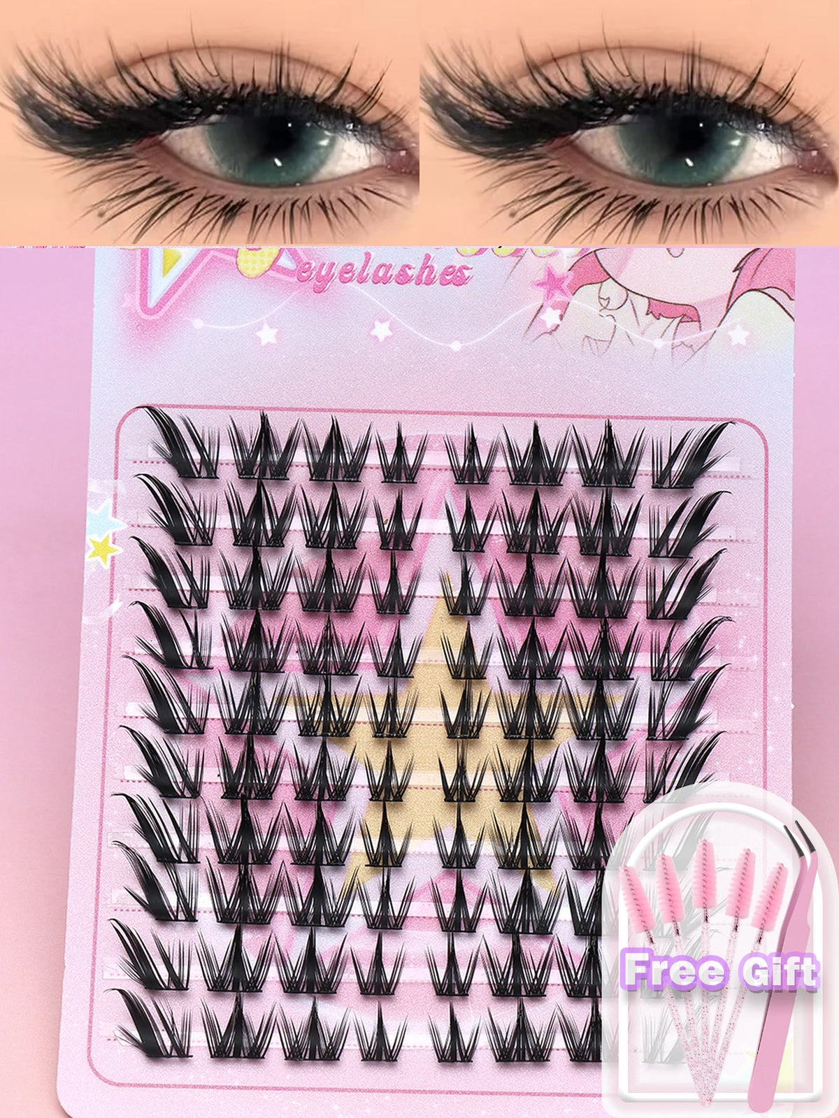 80 Clusters of Brown Natural Fox-Style Cat Eye False Eyelashes Makeup Tools, Natural Segmented Eyelash Bundles Makeup Tools