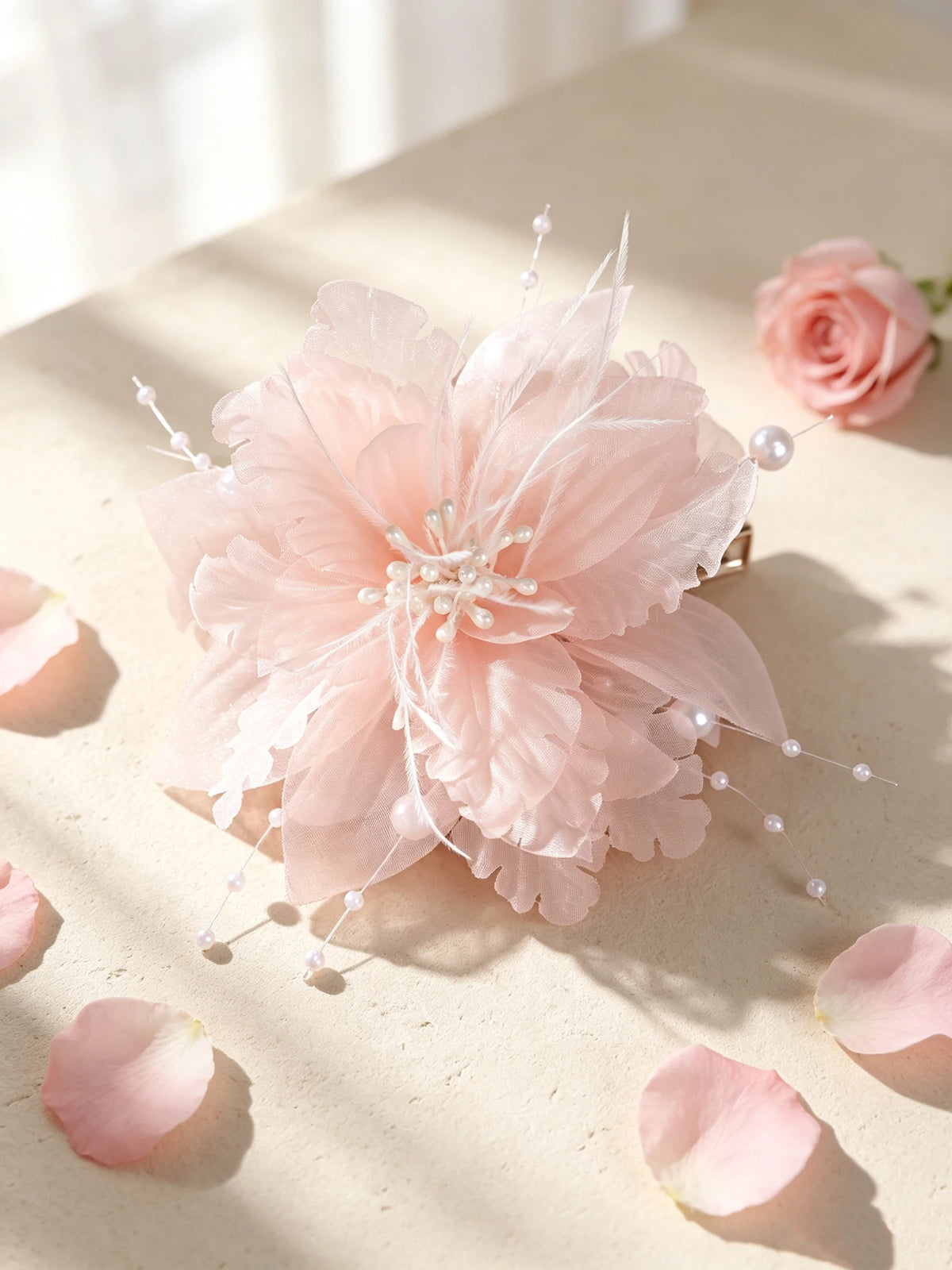 Nude Pink Fabric Flower Hairpin with Pearl Feather Edge Clip, Bridal Wedding Dress Hair Accessory, Bridesmaid Dress Photo Shoot Fairy-Like Side Hair Ornament
