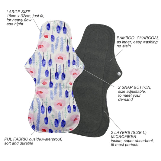 5pcs Set Women Reusable Postpartum Pads, Washable Sanitary Napkins for Heavy Flow, Eco-Friendly Bamboo Charcoal Mama Cloth Pads
