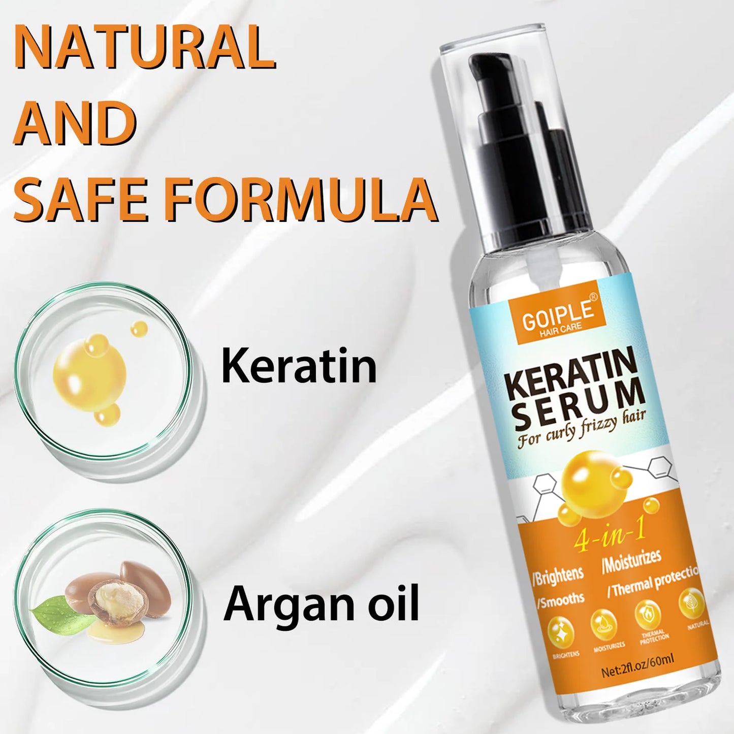 GOIPLE 4 in 1 Water-Based Keratin Serum Moisturizer Repair Dry Damaged Hair Smooth Control Frizz Oil Essence for Curly Frizzy