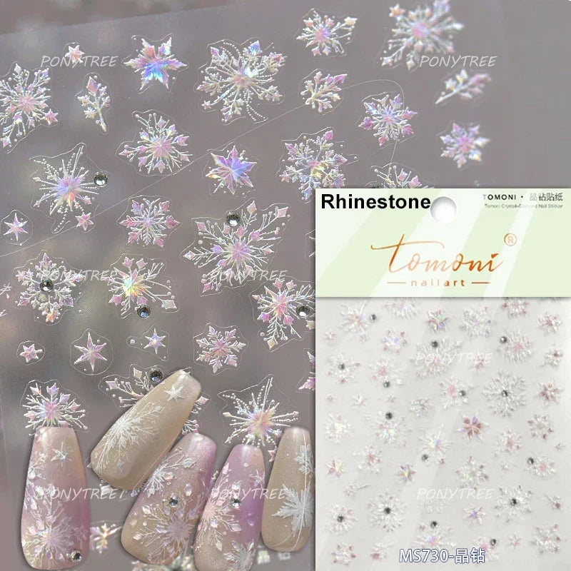 Flying Snowflakes Cold Winter Geometric Hexagon Star Romantic Adhesive Nail Art Stickers Embossment Rhinestone Manicure Decals