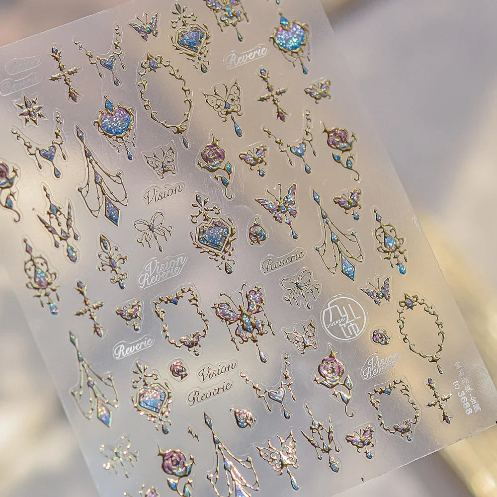 Elegant Gold Scepter 5D Nail Art Stickers Gorgeous Gemstone Luxury Courtly Pattern Necklace Frame Self Adhesive Manicure Decals