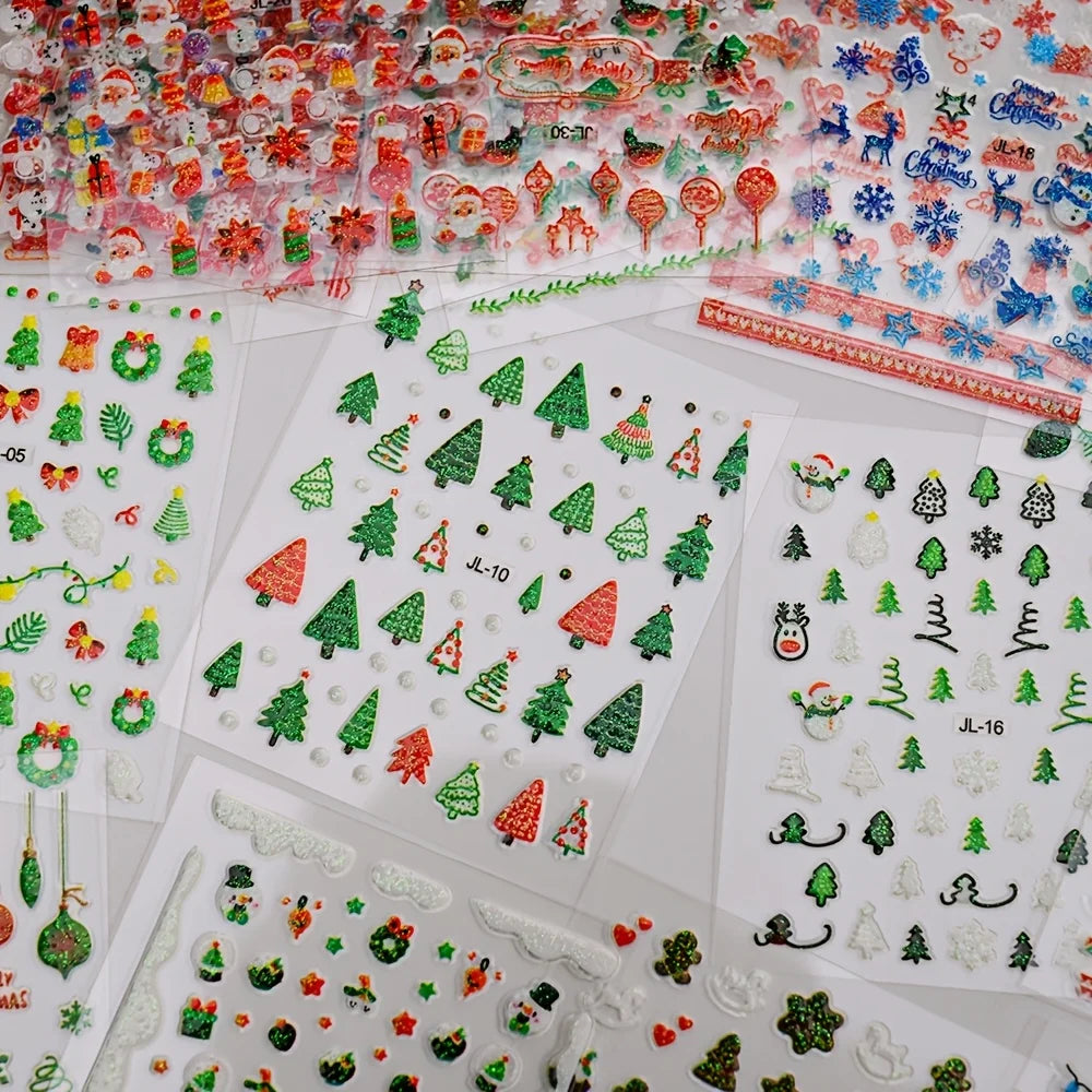 30pcs Festive Christmas Nail Art Stickers Set Self-Adhesive,Disposable Decals Reindeer Xmas Tree Designs Cute Semi-Matte Finish