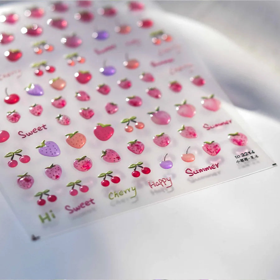 1pcs Cute Small Cat Claw Cherry Nail Art Charms Stickers Shiny 5D Jelly Cherry Pudding Bows Design Adhesive Sliders Nail Decals