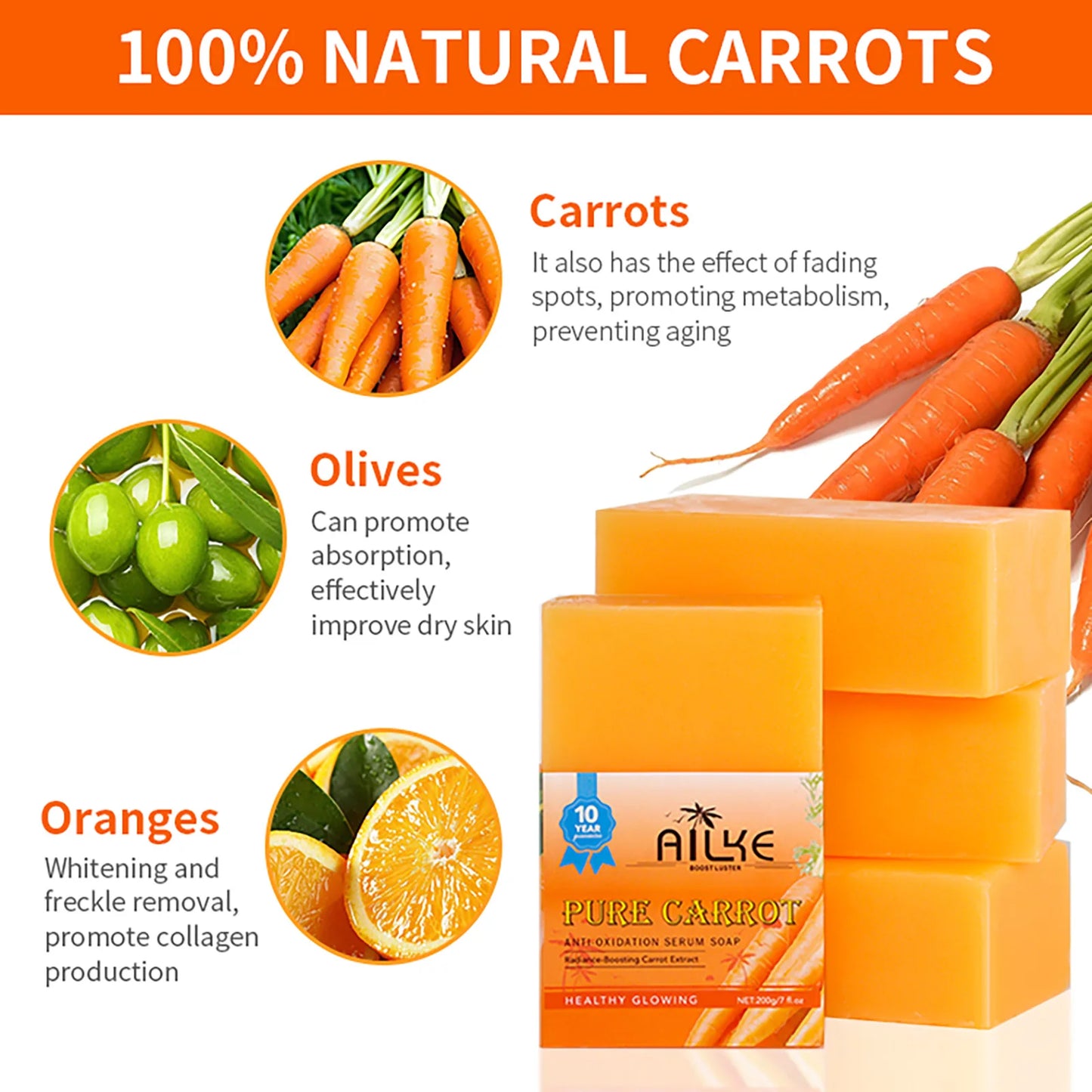AILKE Pure Natural Carrot Anti-Oxidation Serum Soap, Whitening Soap Bar for All Skin Types, Cleaning Stains, With Vitamin C