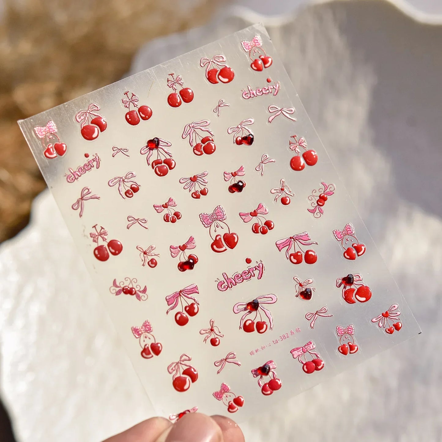 Lovely Red Fruit Strawberry Cherry Bowknot Love Heart Star Silk Ribbon 5D Nail Art Stickers Chic Self Adhesive Manicure Decal