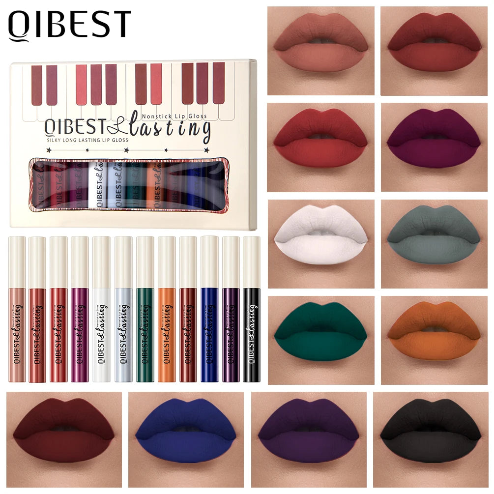 QIBEST 12 Colors Matte Liquid Lipstick Sets Lip Gloss Waterproof Long Lasting Sexy Red White Black Nude Lipgloss Makeup Sets