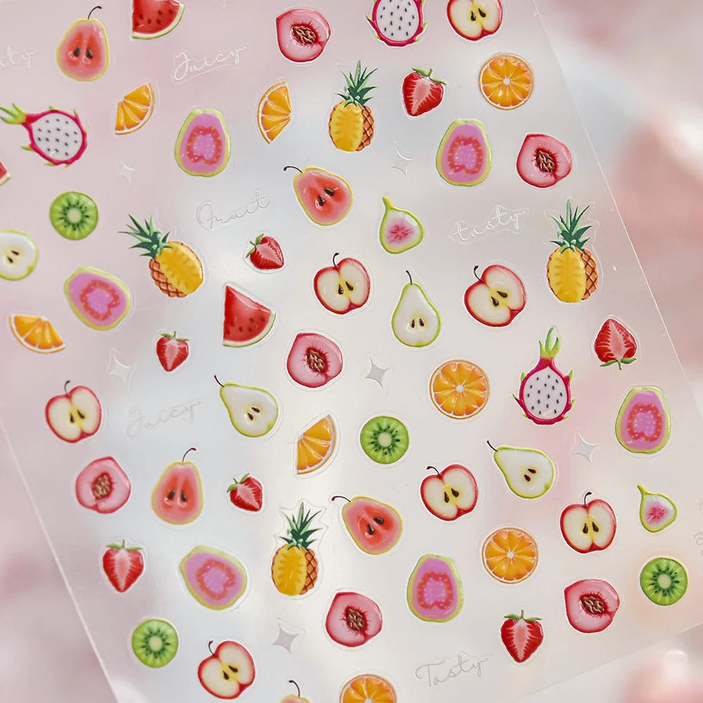 Pink Pudding Cherry Bowknot Heart shaped Star Claw Print Sweet Self Adhesive 5D Nail Art Decoration Sticker Manicure Decal DIY