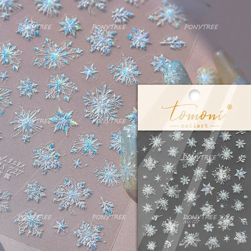 Flying Snowflakes Cold Winter Geometric Hexagon Star Romantic Adhesive Nail Art Stickers Embossment Rhinestone Manicure Decals