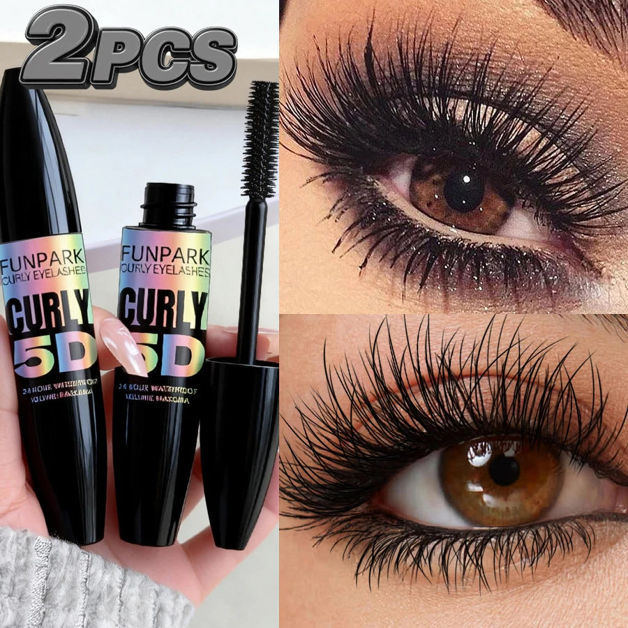 2pcs 5D Eye Black Mascara Waterproof Lengthens Eyelashes Extension Silk Fiber Mascara Long Lasting Eye Makeup for Women Cosmetic Korean Beauty