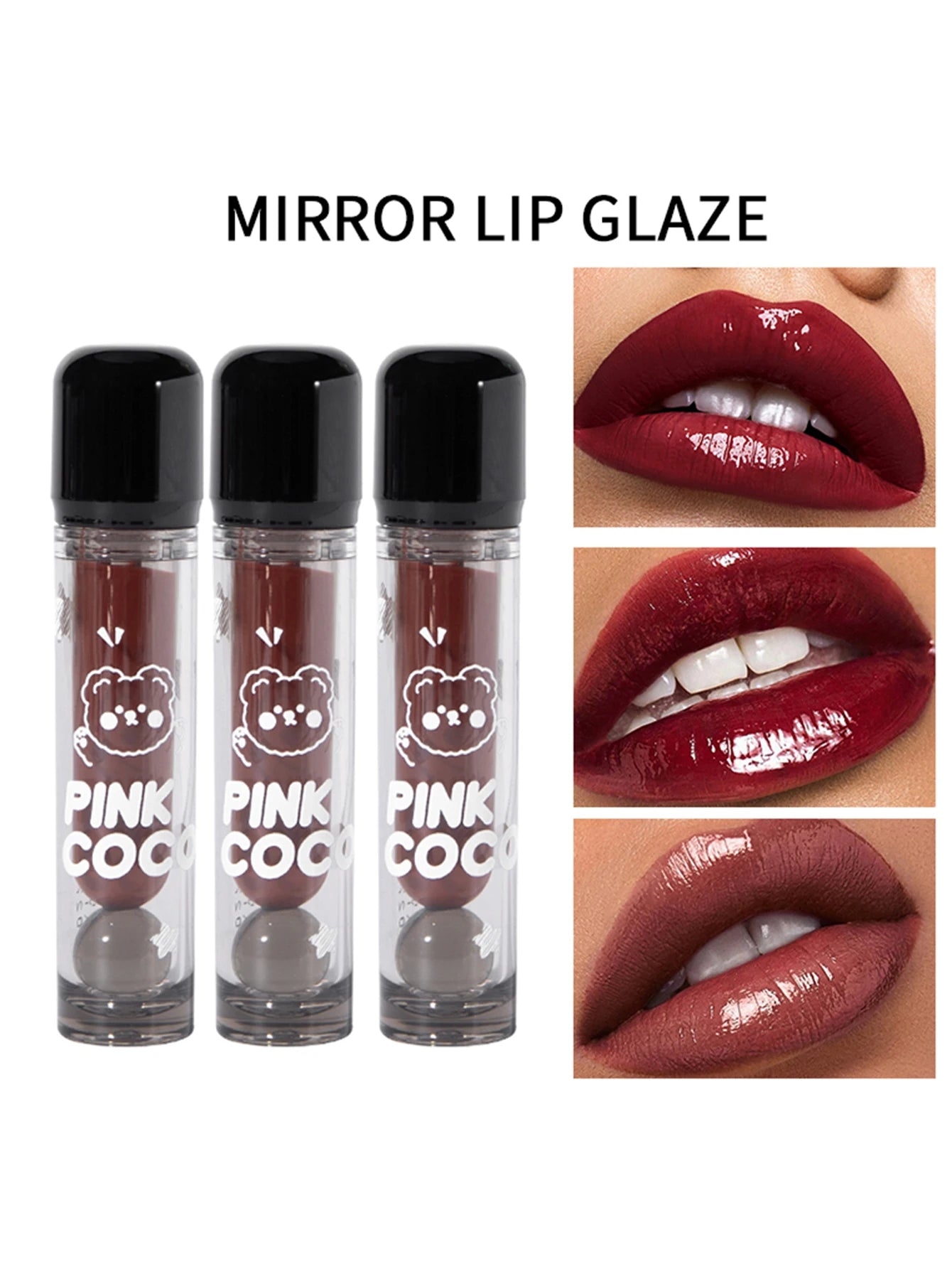 PINKCOCO Bear Doodle Mirror Lip Glaze — Long-Lasting Shiny Lip Gloss, Student-Friendly, Skin-Brightening Nude Lipstick