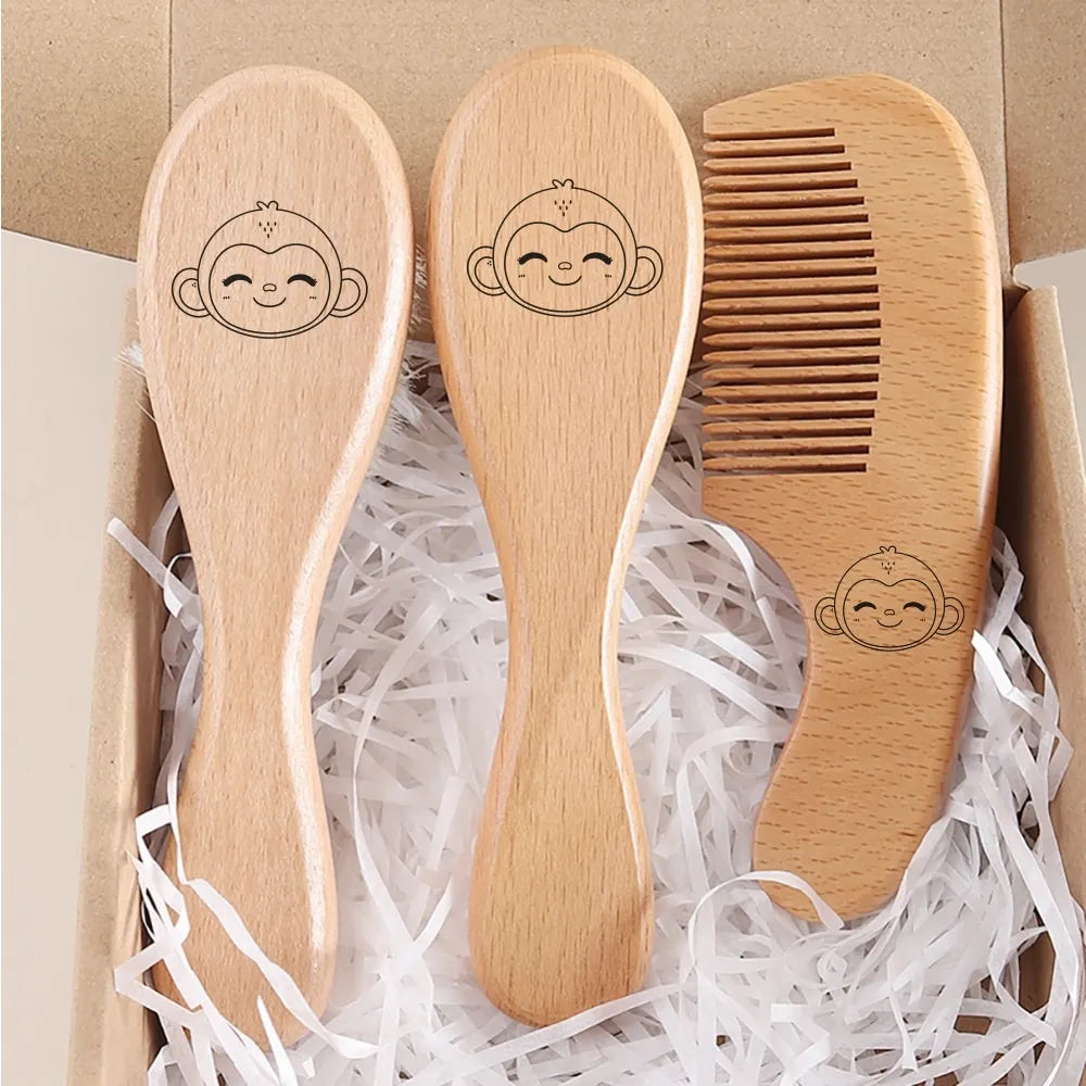 3pcs set engraving panda baby comb brush set newborn gift set Natural Wool beech Wooden Comb Baby Hair Brush air cushion comb