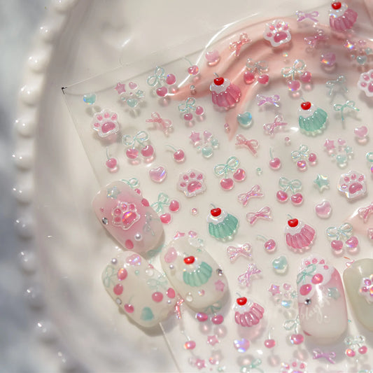 1pcs Cute Small Cat Claw Cherry Nail Art Charms Stickers Shiny 5D Jelly Cherry Pudding Bows Design Adhesive Sliders Nail Decals