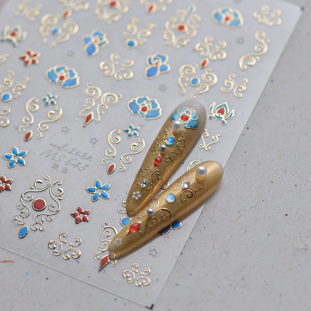 Elegant Gold Scepter 5D Nail Art Stickers Gorgeous Gemstone Luxury Courtly Pattern Necklace Frame Self Adhesive Manicure Decals
