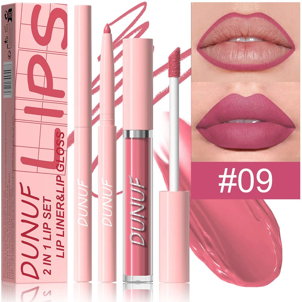 Matte Lip Gloss Lip Liner Set, 2pcs Waterproof Non-sticky Long-Lasting Lipstick, Nude Deep Red Mauve, Y2K Makeup Christmas Gift