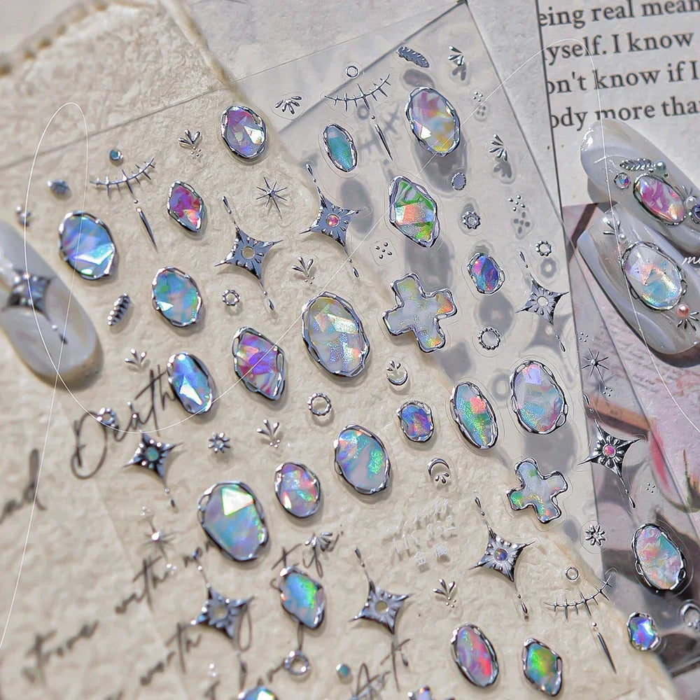 Elegant Gold Scepter 5D Nail Art Stickers Gorgeous Gemstone Luxury Courtly Pattern Necklace Frame Self Adhesive Manicure Decals