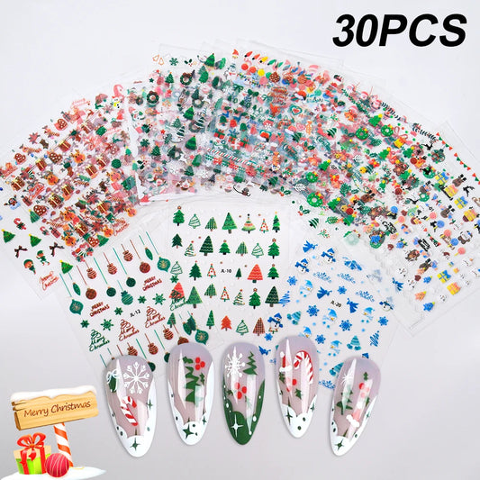 30Pcs Christmas Santa Claus 3D Nail Art Stickers Glitter Cartoon Snowflakes/Snowman/Pine Winter Sliders Xmas DIY Manicure Decals