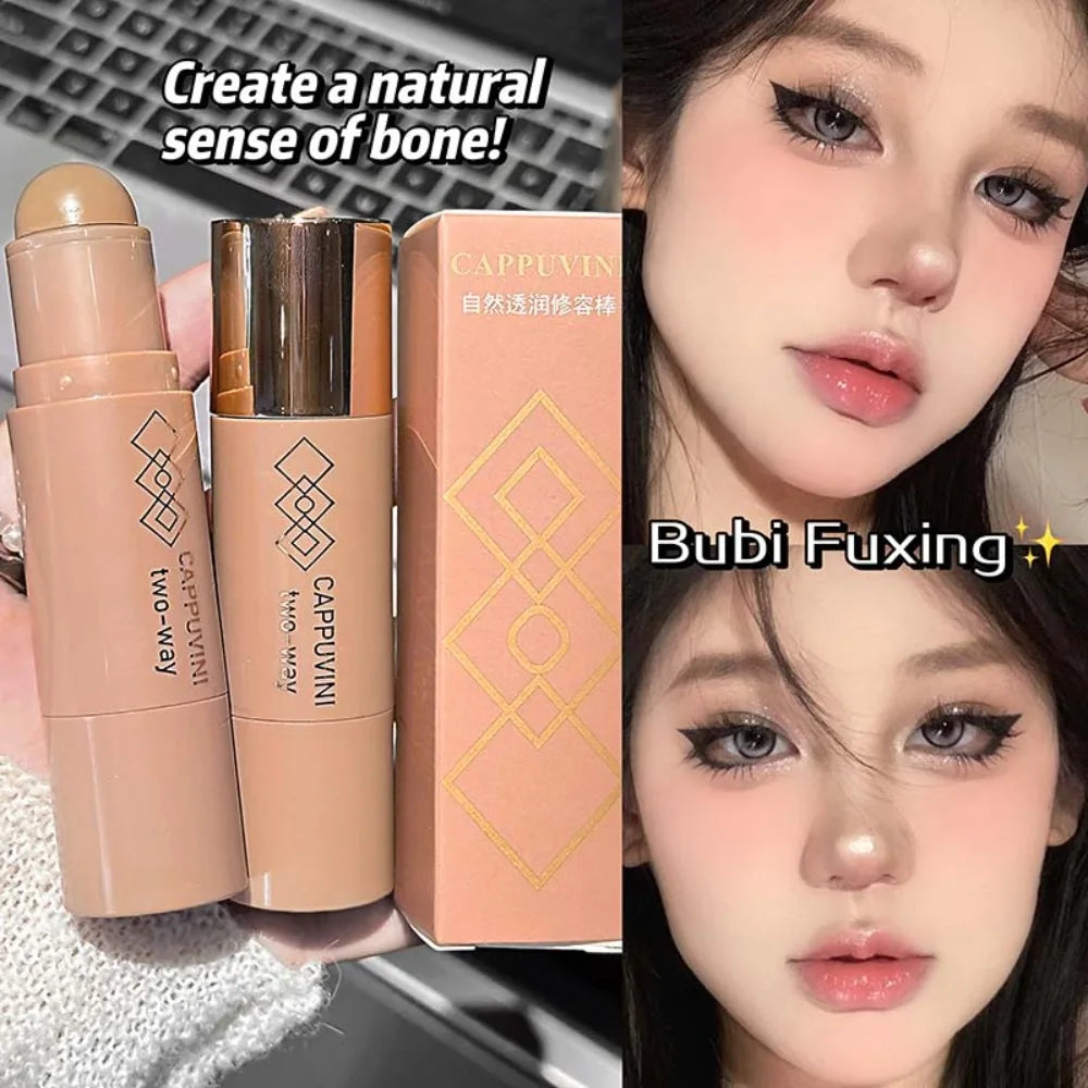 2 In 1 Face Contour Bronzer Stick Face Brighten Highlighter Bar Matte 3D Nose Shadow With Sponge Concealer Cream Makeup Tool