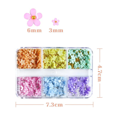 6Grid 3D Mixed Pink White Small Flower Nail Art Charms With Gold Silver Beads Kawaii Resin Fashion Cartoon Nail Decorations DIY
