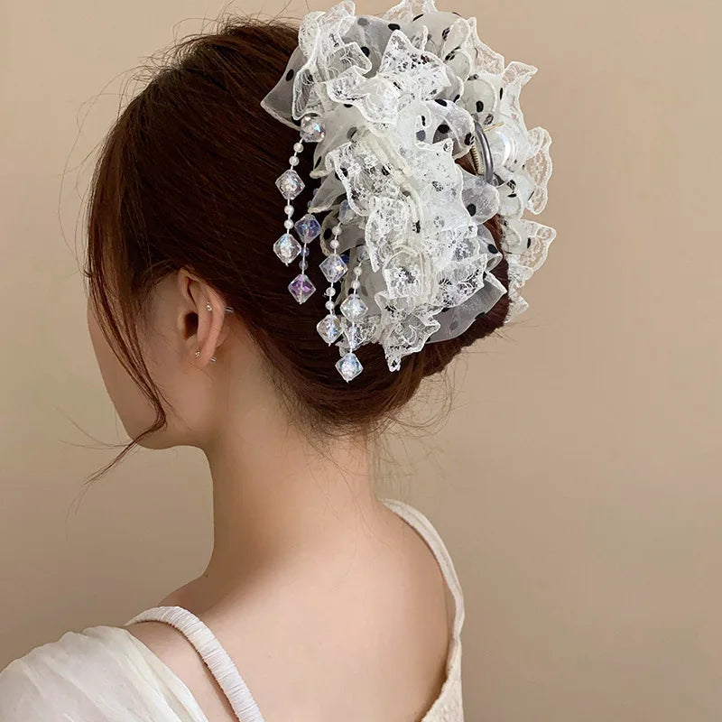 Neo Chinese Style Green Bow Butterfly Hair Claws Clips For Women Imitation Pearl Long Ribbon Tassel Grips Acrylic Shark Clip