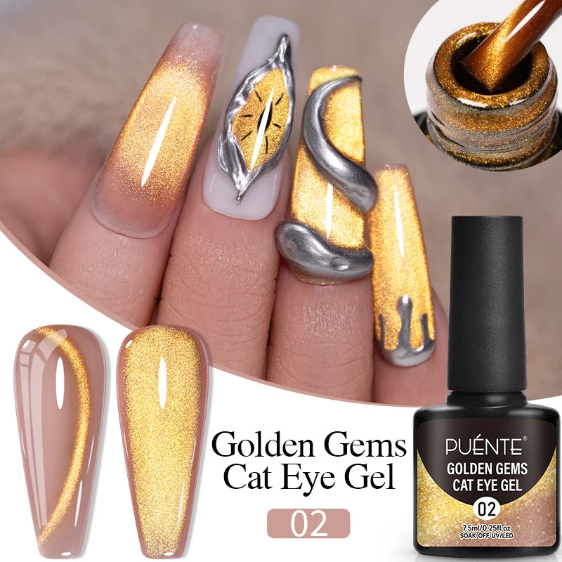 PUENTE 7.5ML Golden Gems Cat Magnetic Gel Nail Polish Pink Brown Blue Colors Golden Glitter Cat Eye Soak Off UV Nail Art Varnish