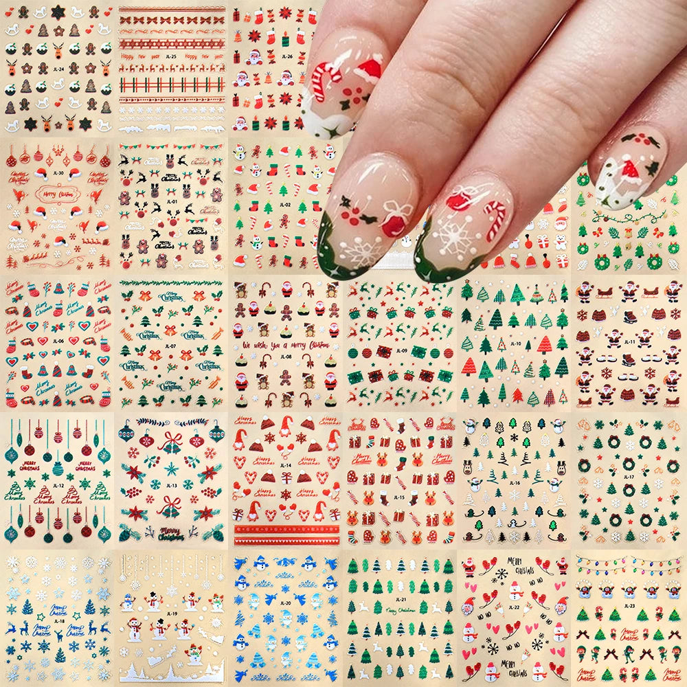30Pcs Christmas Santa Claus 3D Nail Art Stickers Glitter Cartoon Snowflakes/Snowman/Pine Winter Sliders Xmas DIY Manicure Decals