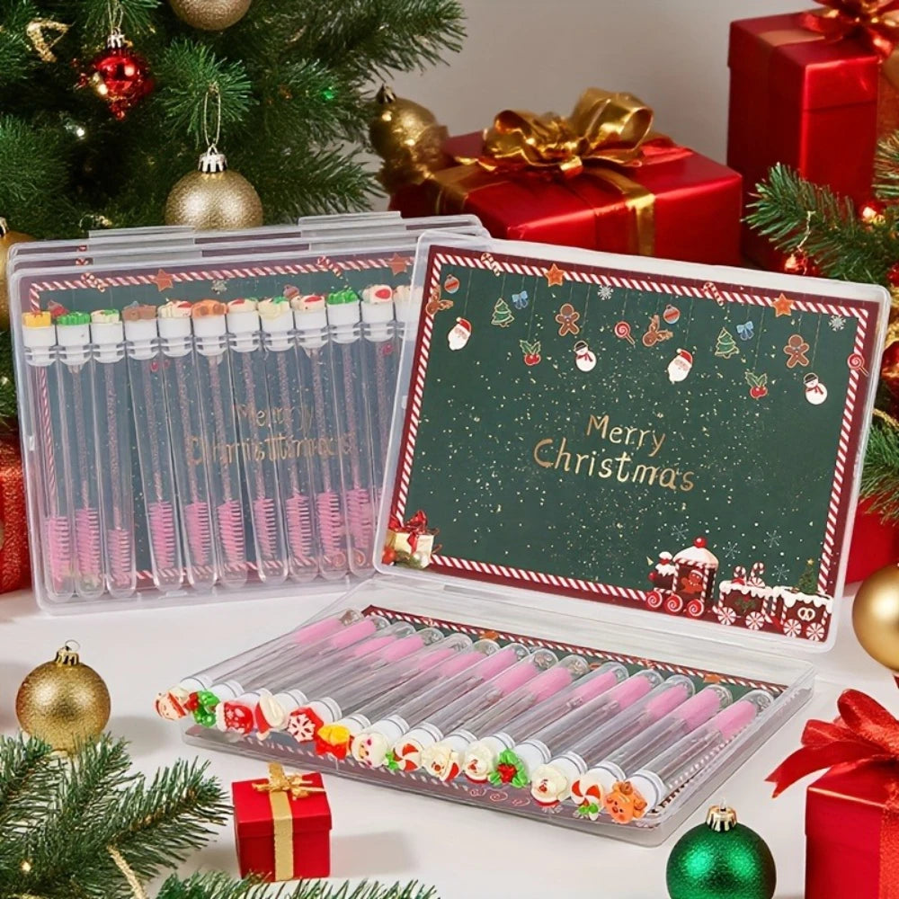 14pcs Gift Box Christmas Mascara Eyelash Brushes Set - Santa Snowflake Design Mascara Wand Makeup Brushes, Travel Eyelash Brush