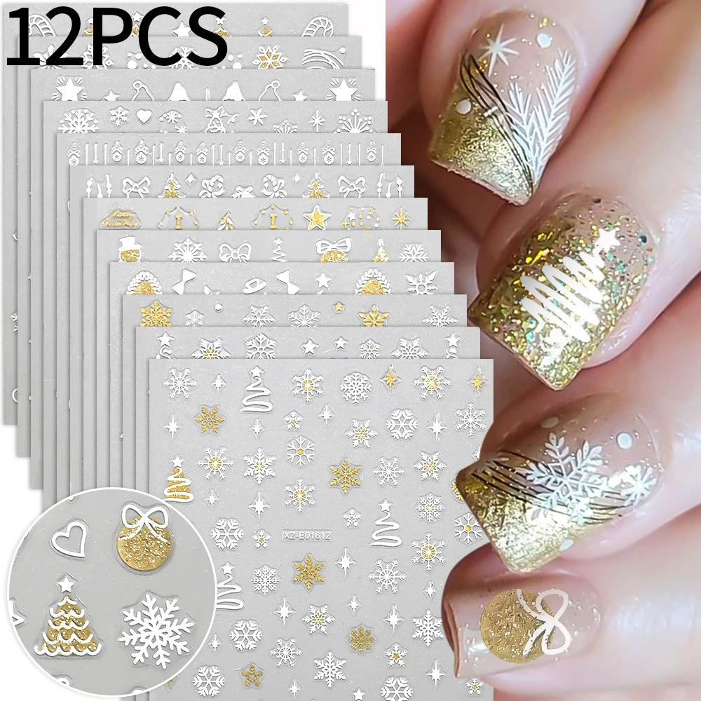 12sheets Laser Sliver Snowflakes/snowballs 3D Christmas Nail Art Decals Dreame Laser Santa Claus Snowman Nail Stickers Charms﻿