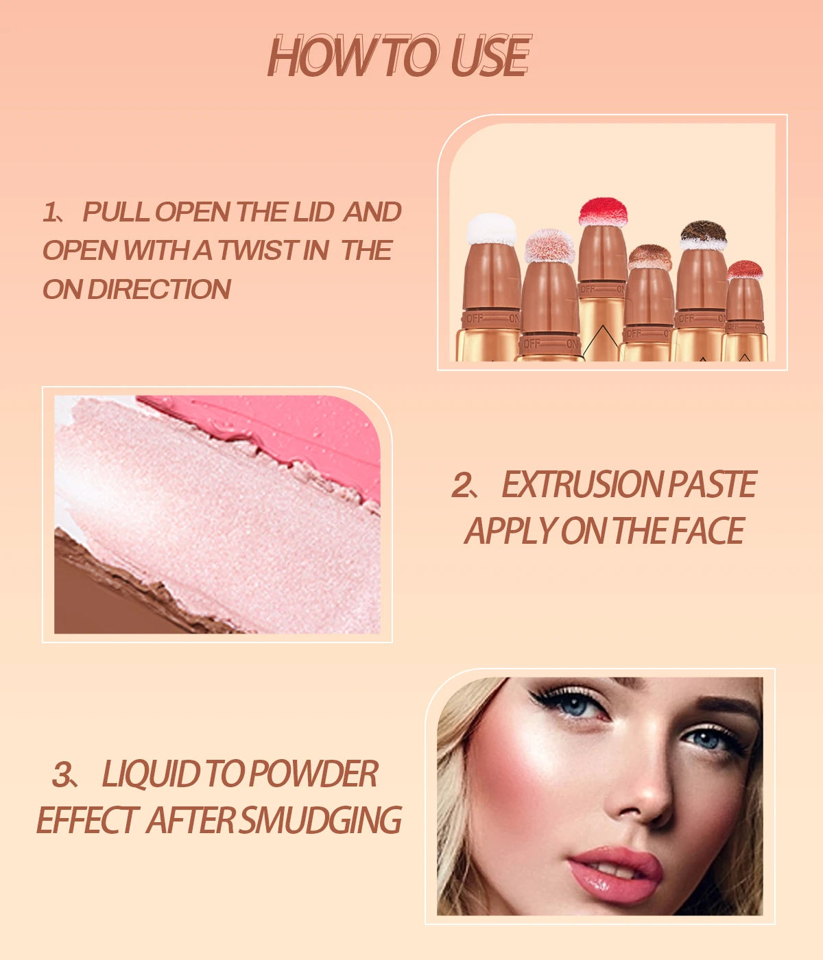 OCHEAL 6-color Face Liquid Blusher Cream Facial Cheek Eye Press Brush Head Highlighter Powder Blusher Contouring Makeup Cosmetic