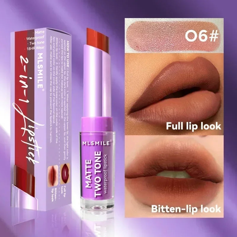 2 in 1 Matte Two Tone Waterproof Lipstick Long-lasting High-Pigment Color Lipliner Lipsticks Bitten-lip Gradual Change Lip Color