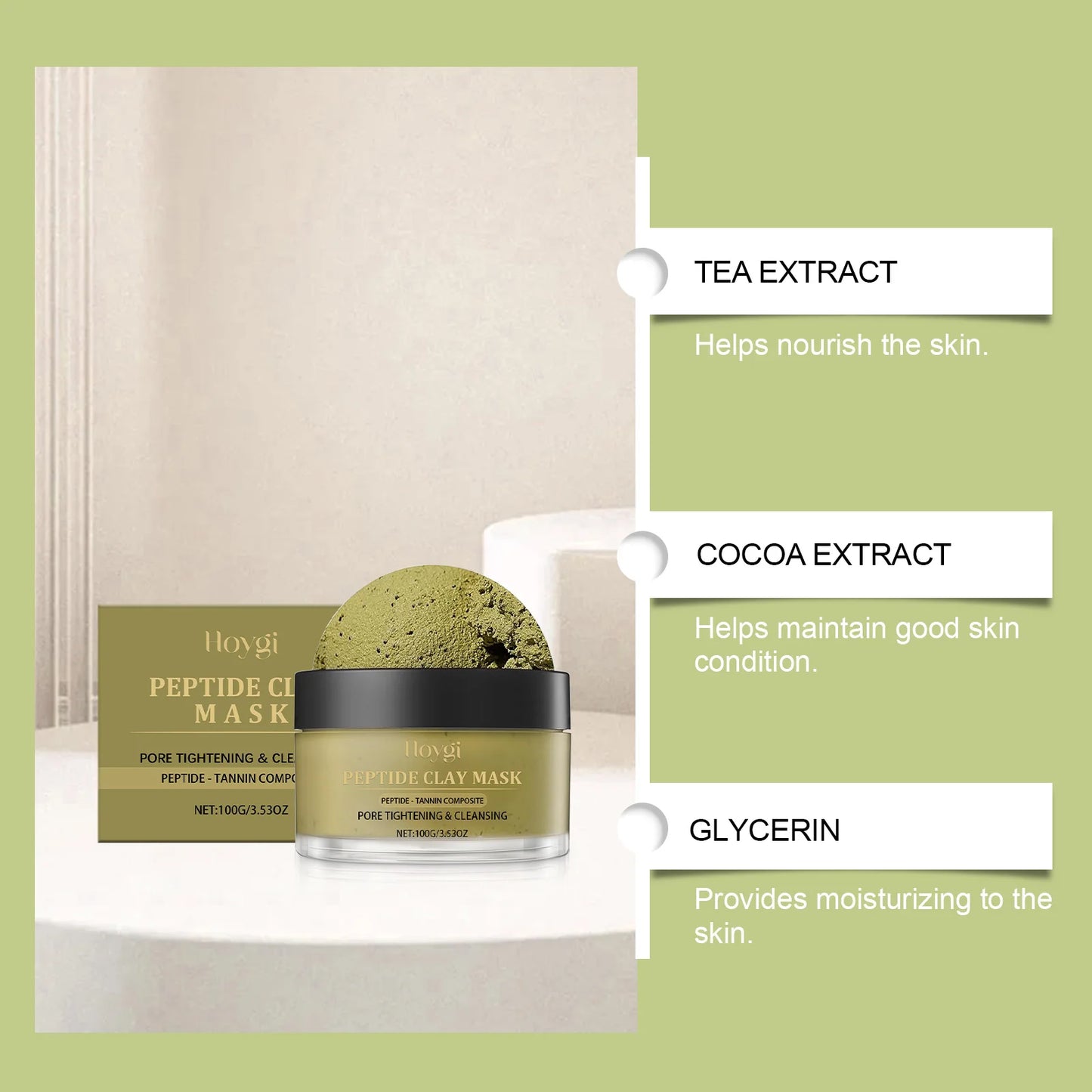 HOYGI 100g Pore Refining Clay Mask Kaolin Tea Extract Deep Cleansing Control Facial Treatment for Oily Skin Non Drying Formula