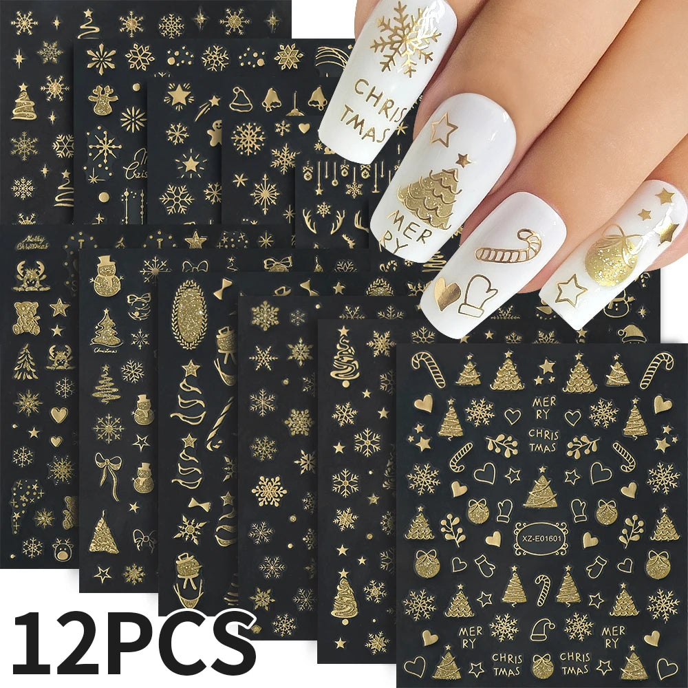 12sheets Laser Sliver Snowflakes/snowballs 3D Christmas Nail Art Decals Dreame Laser Santa Claus Snowman Nail Stickers Charms﻿