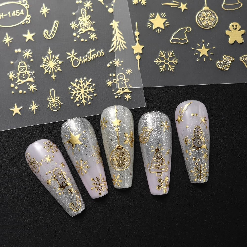2pcs Gold 3D Christmas Nail Foil Stickers Sparkling Snowflake Christmas Tree Snow Globe Snowflake Nail Slider Xmas Nail Stickers