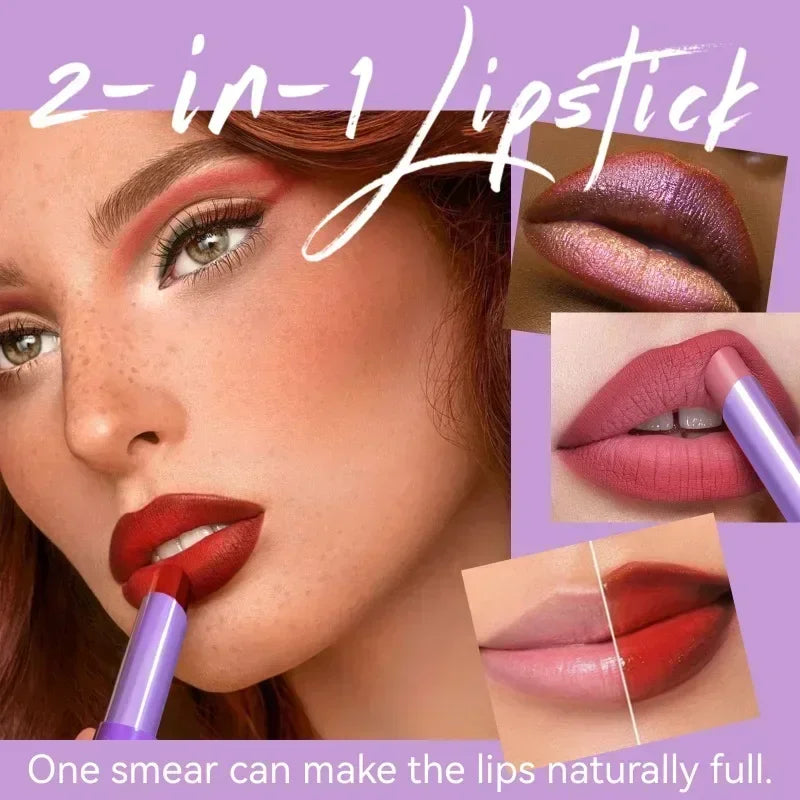 2 in 1 Matte Two Tone Waterproof Lipstick Long-lasting High-Pigment Color Lipliner Lipsticks Bitten-lip Gradual Change Lip Color