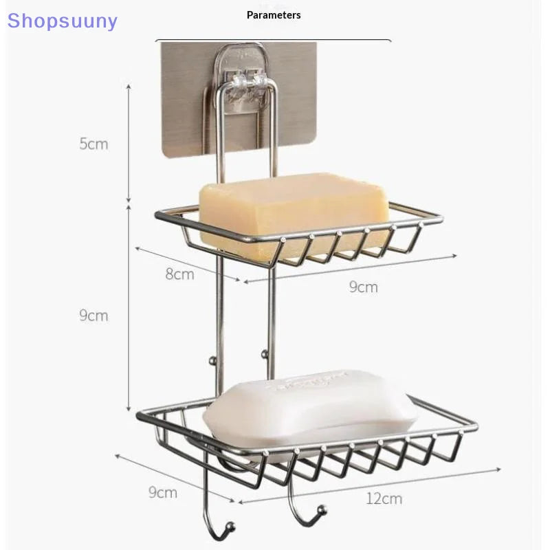 [SU]Stainless Steel Double Tier Draining Soap Dish Holder No Drill Wall Mounted Soap Rack Bathroom Shower Storage Organizer[SU]
