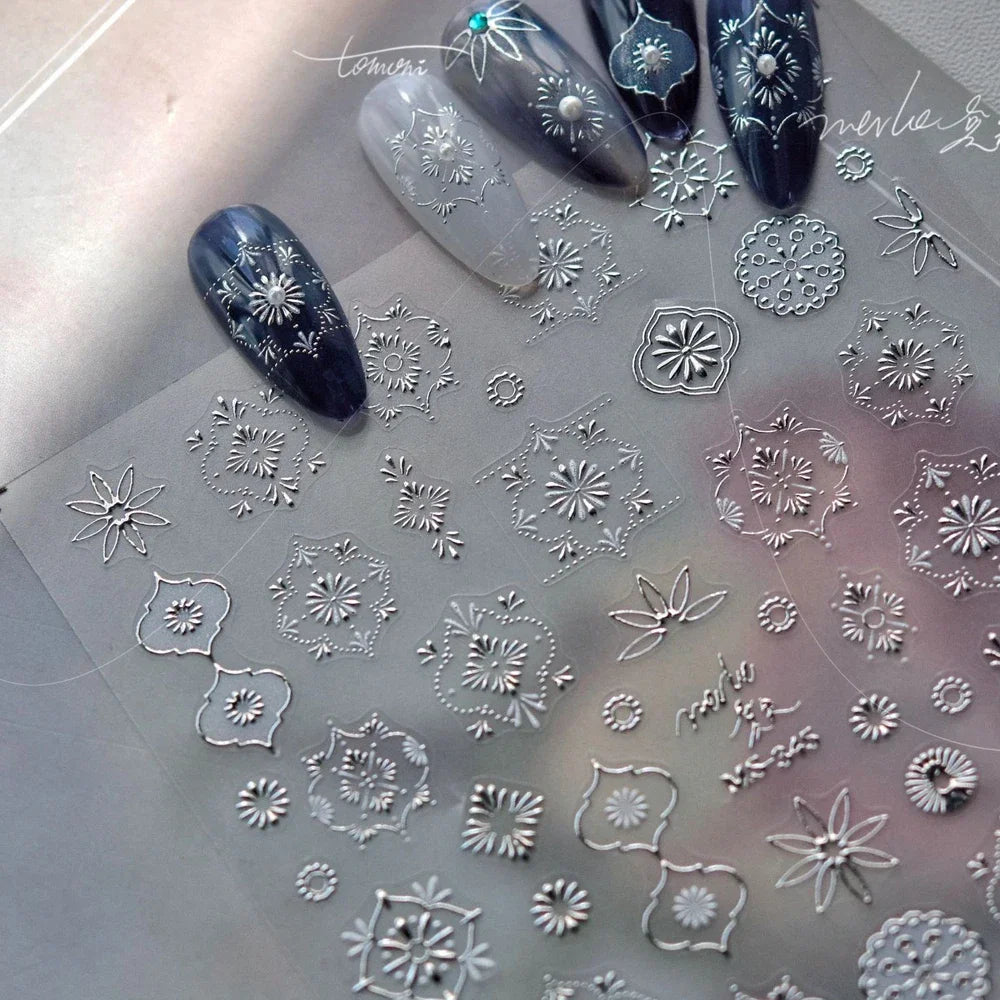 Elegant Gold Scepter 5D Nail Art Stickers Gorgeous Gemstone Luxury Courtly Pattern Necklace Frame Self Adhesive Manicure Decals