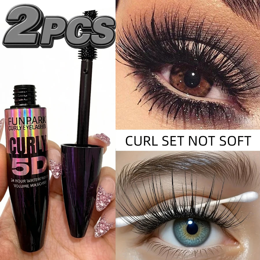 2pcs 5D Eye Black Mascara Waterproof Lengthens Eyelashes Extension Silk Fiber Mascara Long Lasting Eye Makeup for Women Cosmetic Korean Beauty