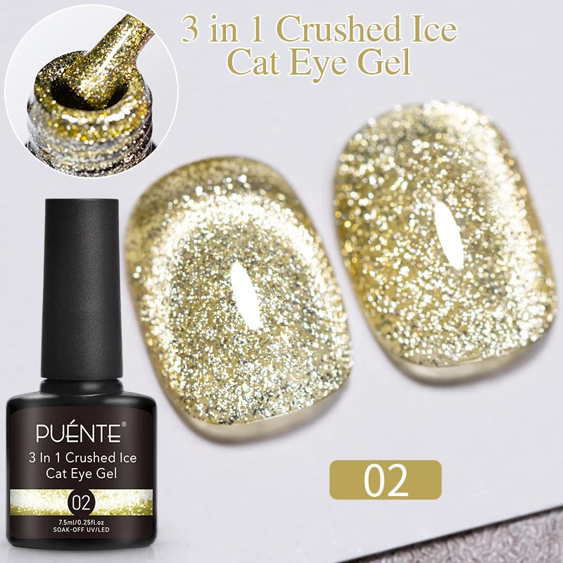 PUENTE 7.5ML Golden Gems Cat Magnetic Gel Nail Polish Pink Brown Blue Colors Golden Glitter Cat Eye Soak Off UV Nail Art Varnish
