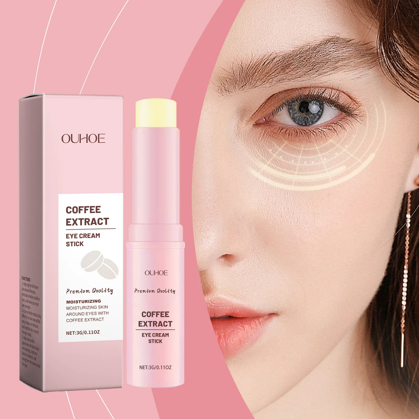 OUHOE Eye Cream Stick, Hyaluronic Acid, Tocopherol, Glycerin, Eye Area, Tightening and Moisturizing, 3.00g