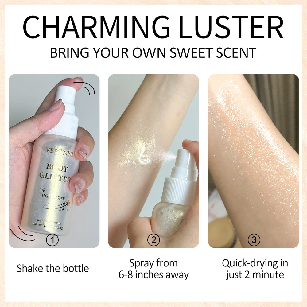 Glow Shimmer Spray,Waterproof Liquid Highlighter Body Luminizer with Glitter Makeup For Face & Body,Long-lasting For Festival