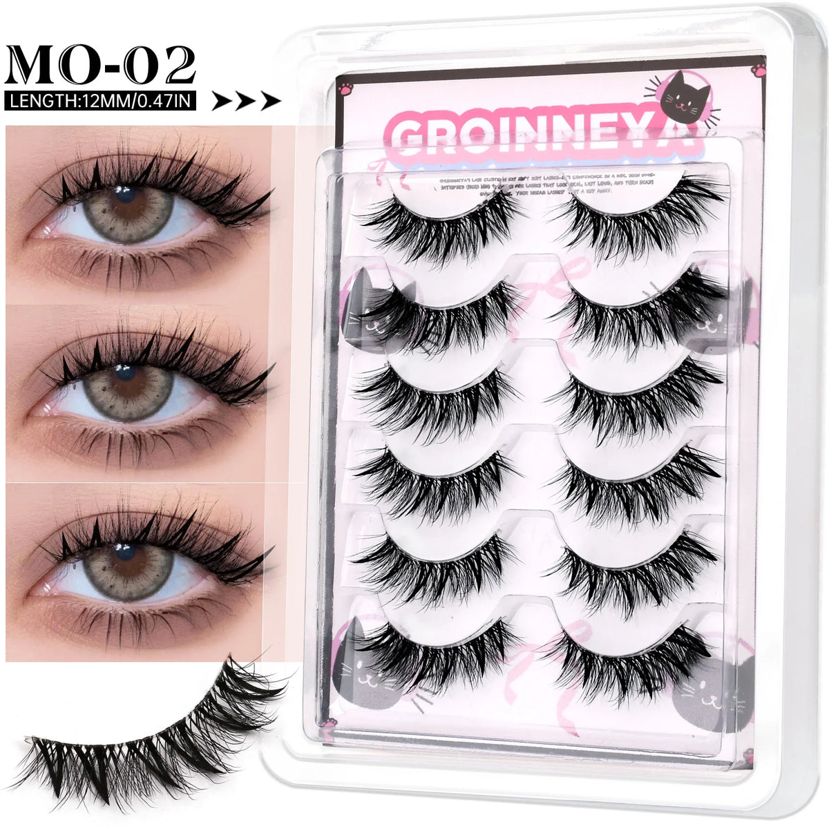 GROINNEYA Manga Eyelashes Natural Spiky Mink Lashes Natural Curl Full Strip Clear Stem Lashes Soft Fake Lashes Extension Makeup
